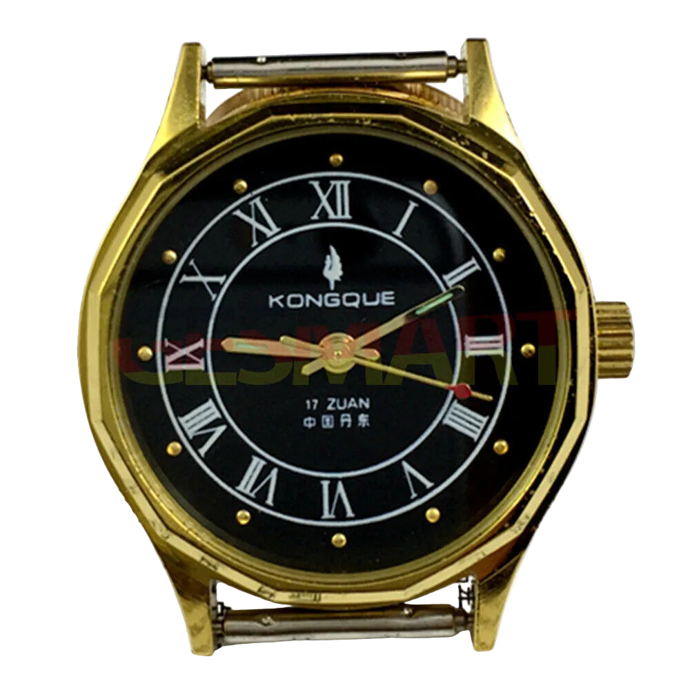 33mm Dandong manual mechanical watch with 17 jewels, black dial, golden nail markers, and three hands.