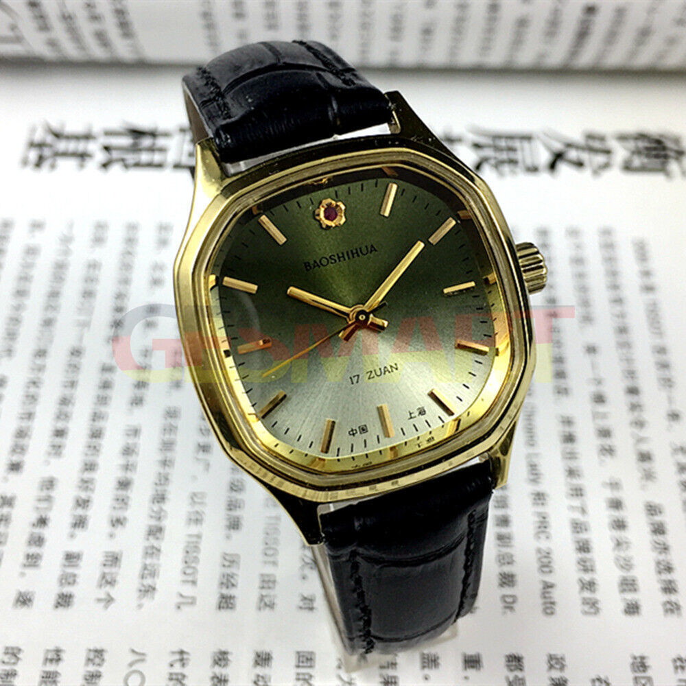 Shanghai brand 33mm manual mechanical watch with golden nail markers and gradient green dial, 17 jewels.