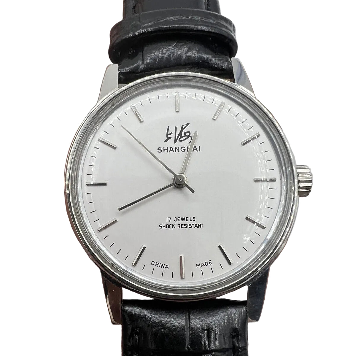 Shanghai 36mm manual mechanical watch 8120 with white dial and 17 jewels, classic design.