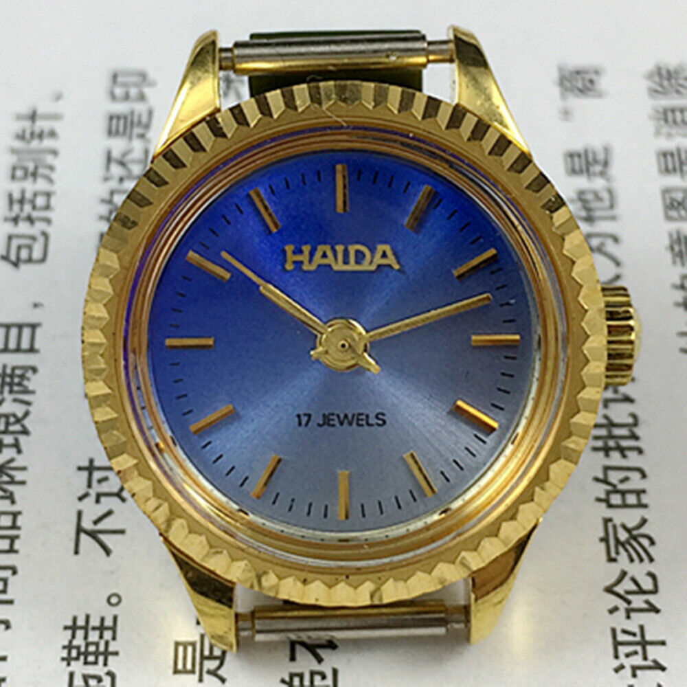 HAIDA 23mm golden nail lady watch with gradient blue dial and 17-jewel manual mechanical movement.