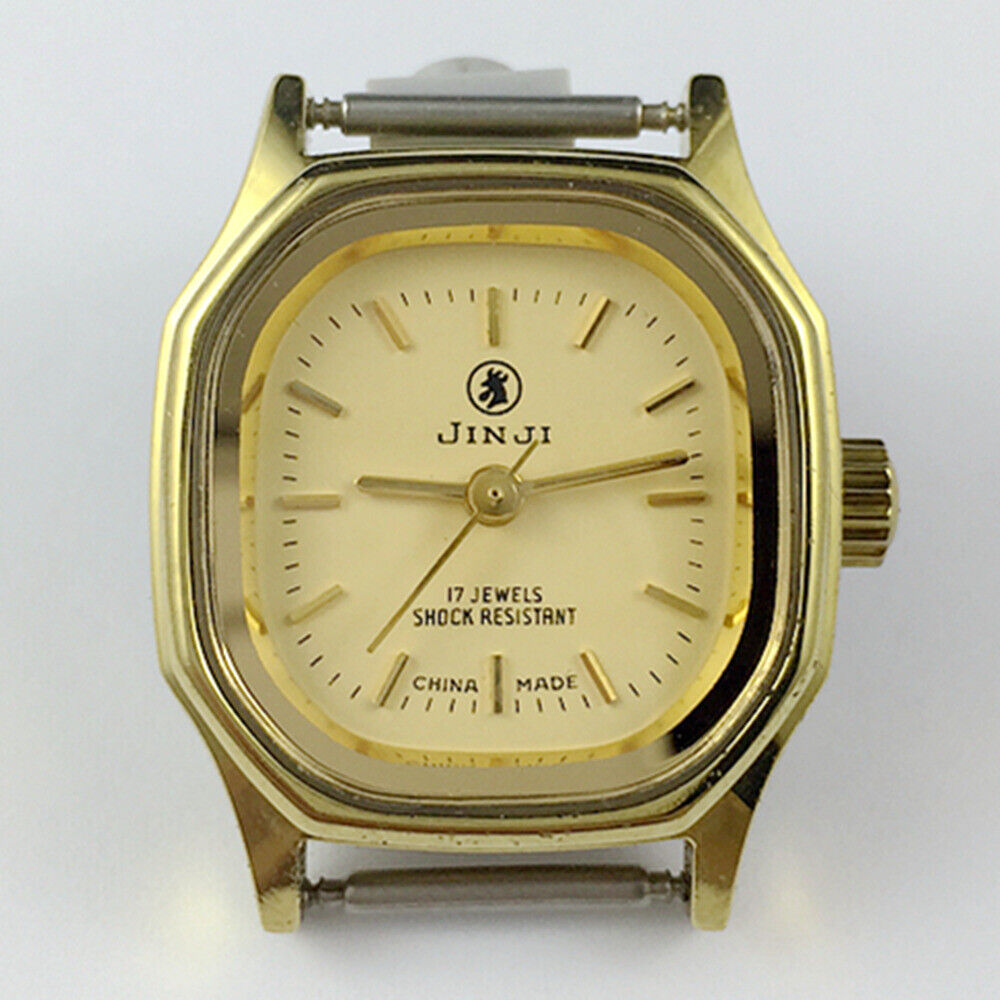 26mm SHANGHAI JINJI Lady Watch with golden square case and manual mechanical movement, featuring 17 jewels.