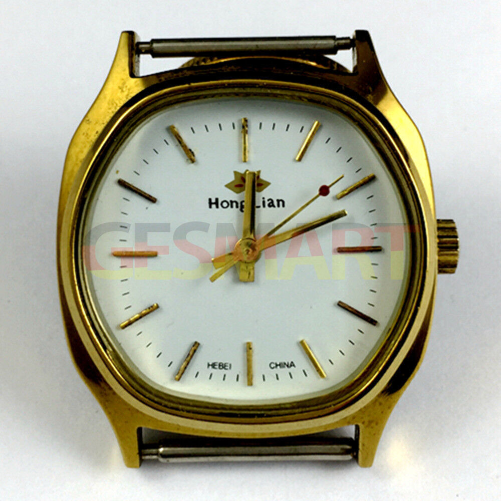 33mm HONGLIAN manual mechanical watch with white dial, golden nail markers, and square golden case.