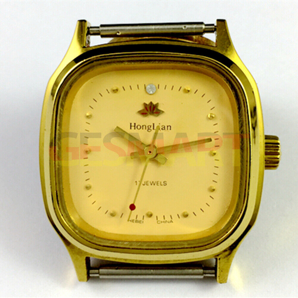 HONGLIAN manual mechanical watch with golden nail markers, square golden case, and yellow dial, elegant design