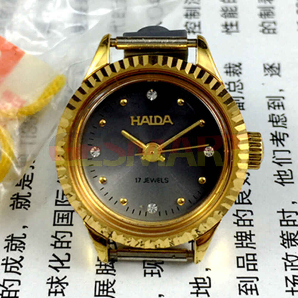 HAIDA 24mm manual mechanical lady watch with golden nail markers, 17 jewels, and grey dial round case.