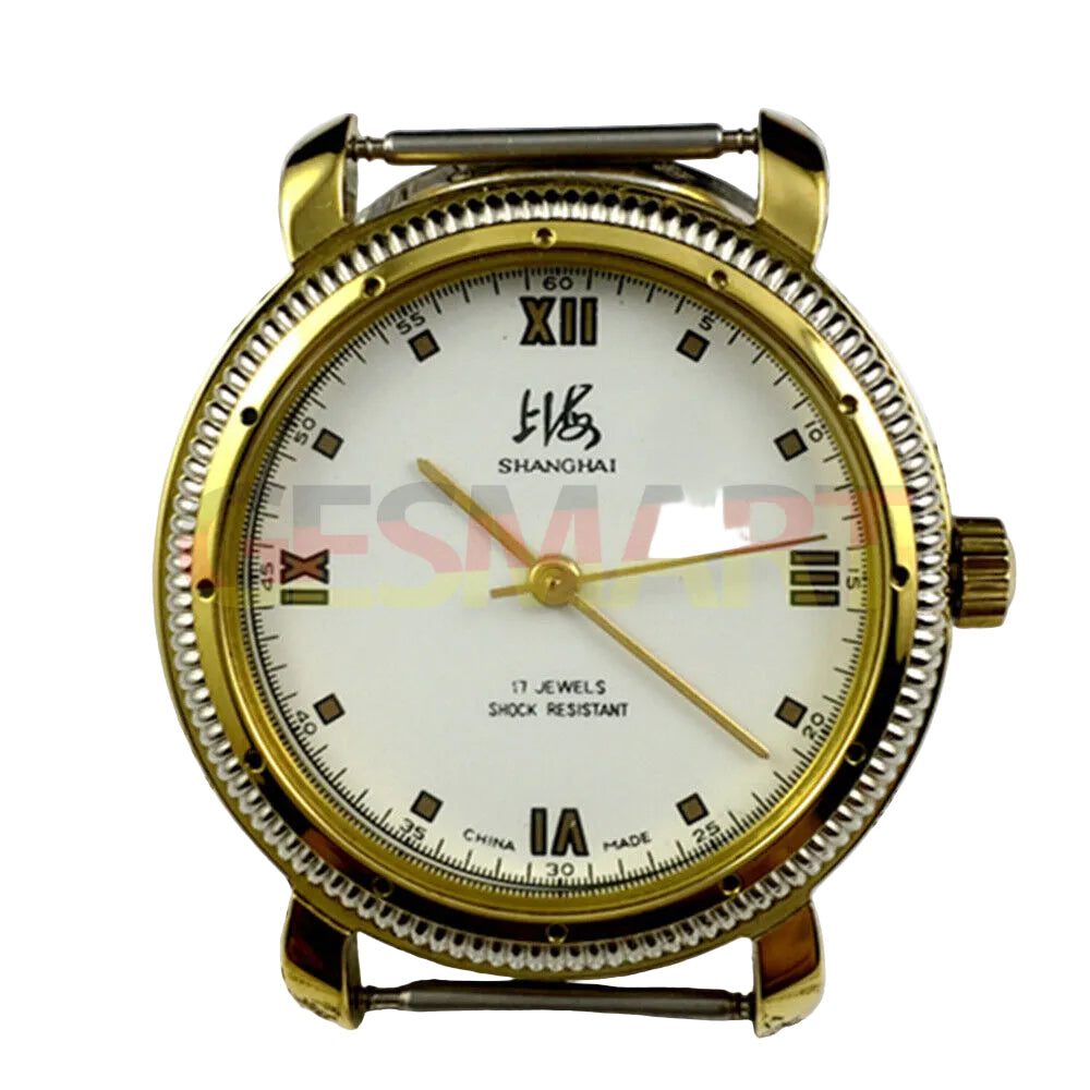 Shanghai Factory 38mm manual mechanical watch with golden shock-resistant case, classic design for elegant style.