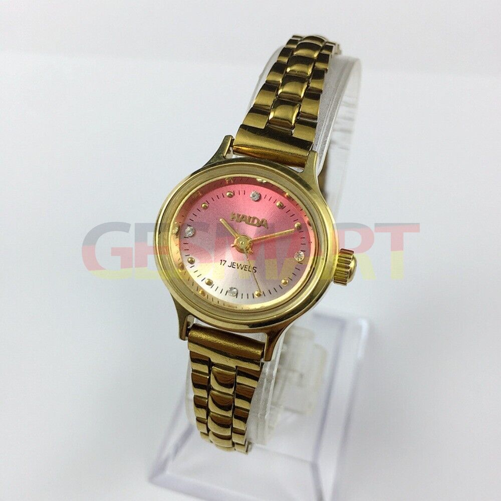 HAIDA 25mm ladies' mechanical watch with golden nail markers, 17 jewels, and pink gradient dial.