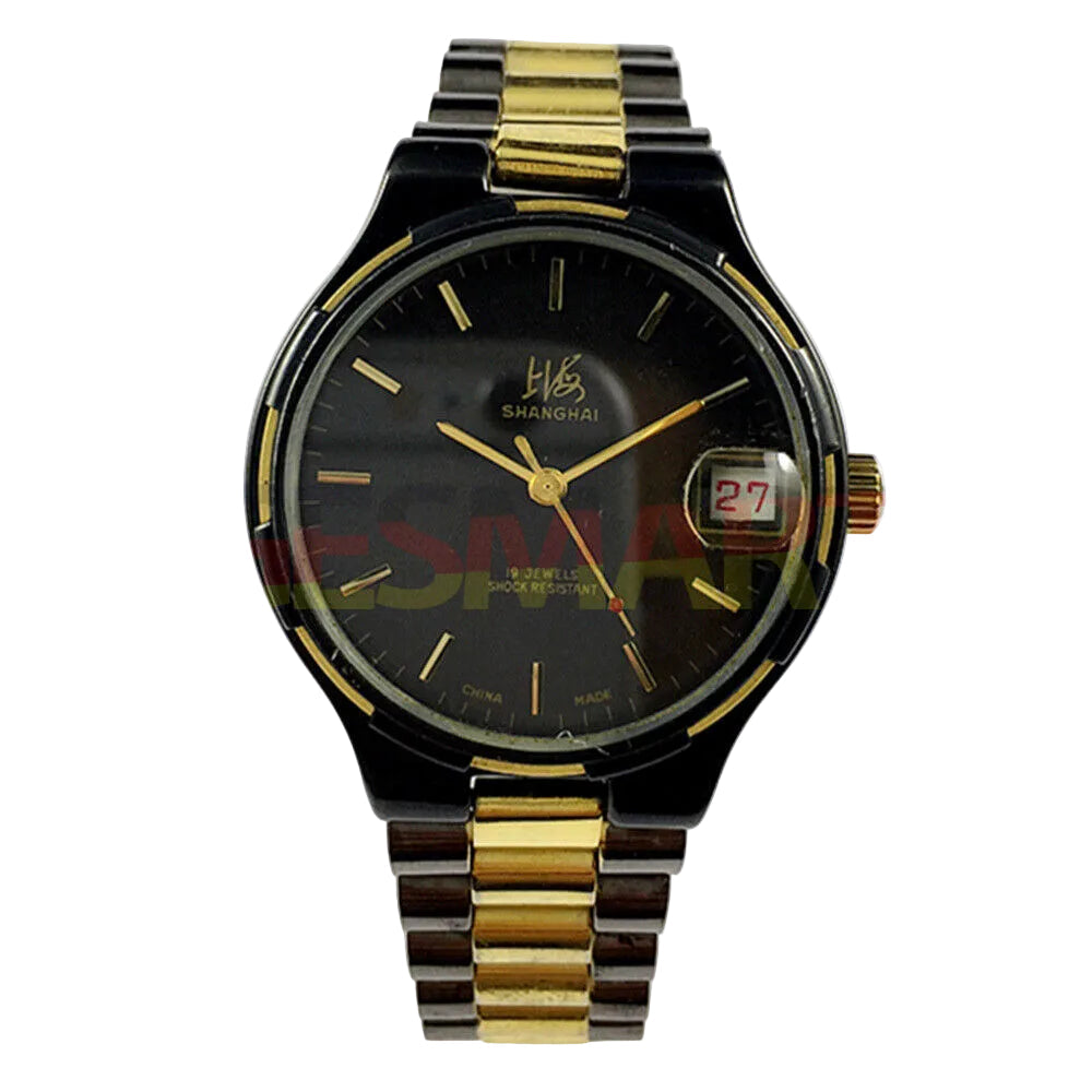 37mm Shanghai Factory black manual mechanical watch with 19 jewels, shock-resistant design for durability.