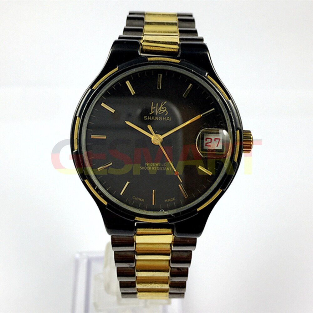 37mm Shanghai Factory black manual mechanical watch with 19 jewels, shock-resistant design for durability.