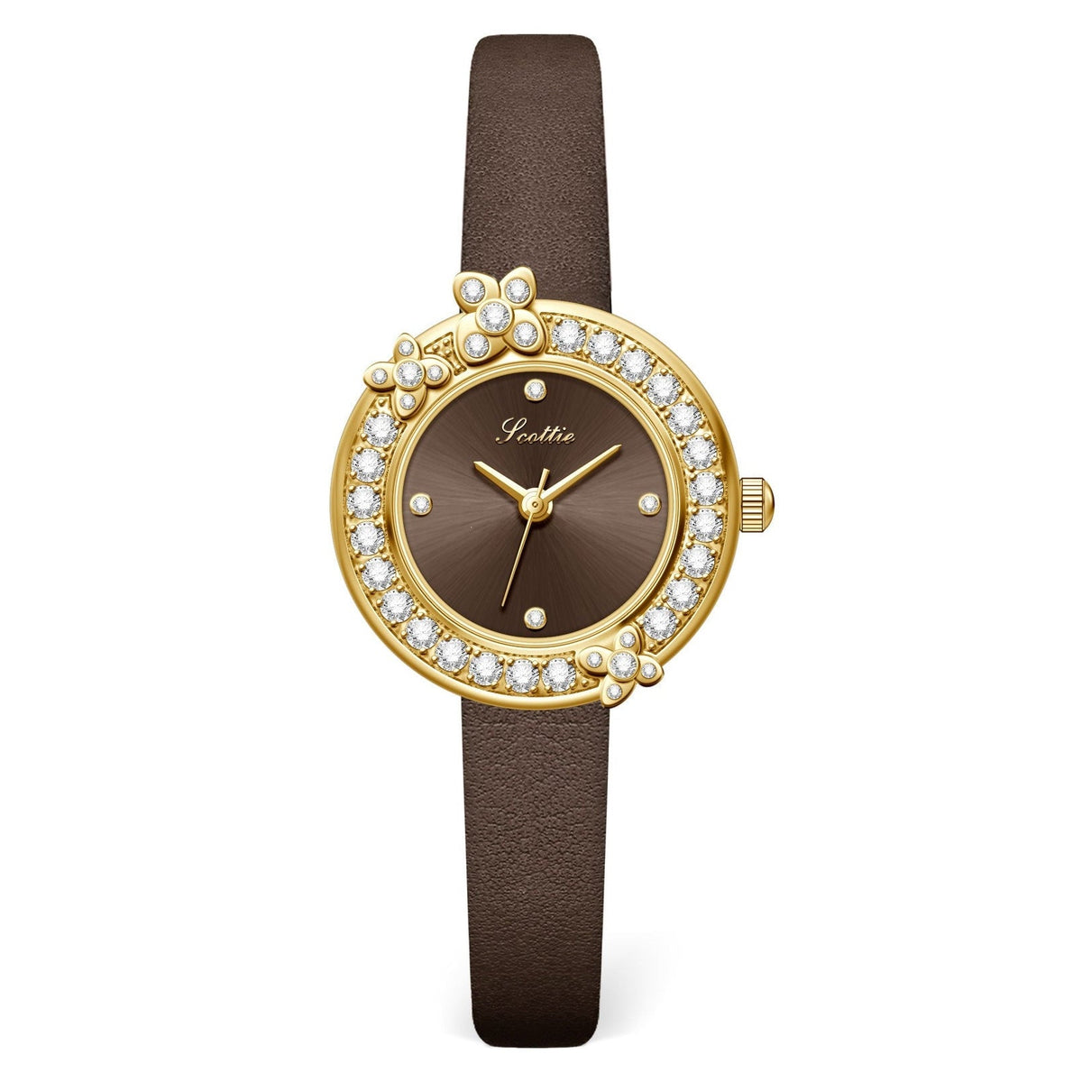 Women's Floral Rhinestone Watch with Leather Strap: Modern Elegance
