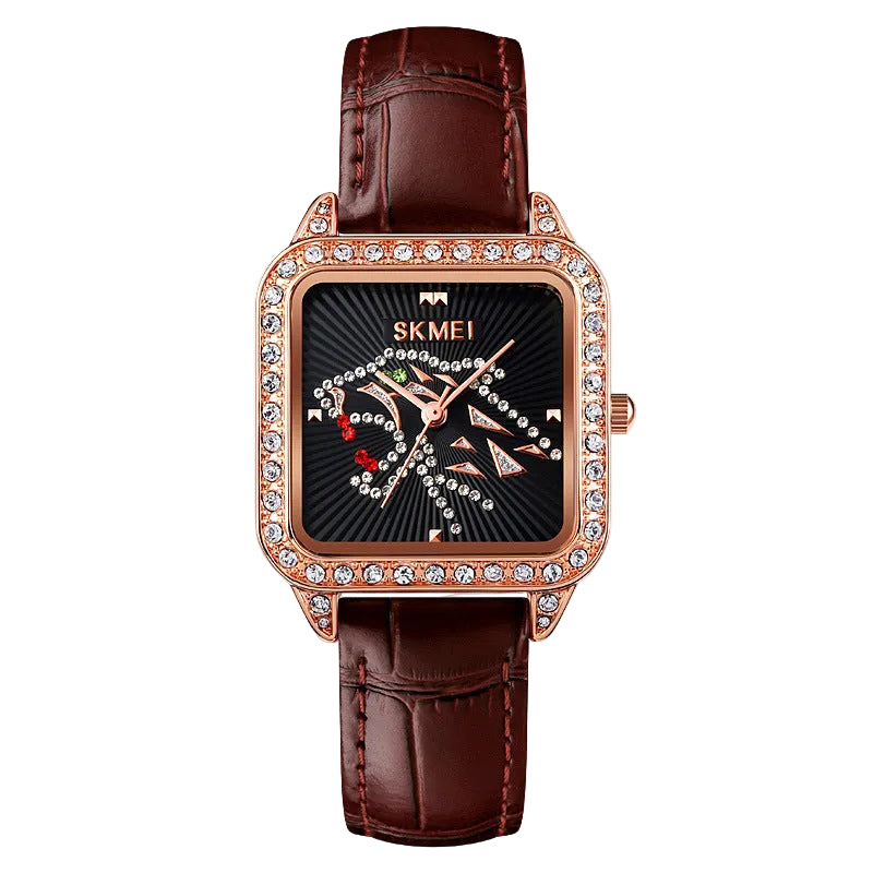 Elegant Women's Square Rhinestone Watch with Leather Strap | Modern Simple Style