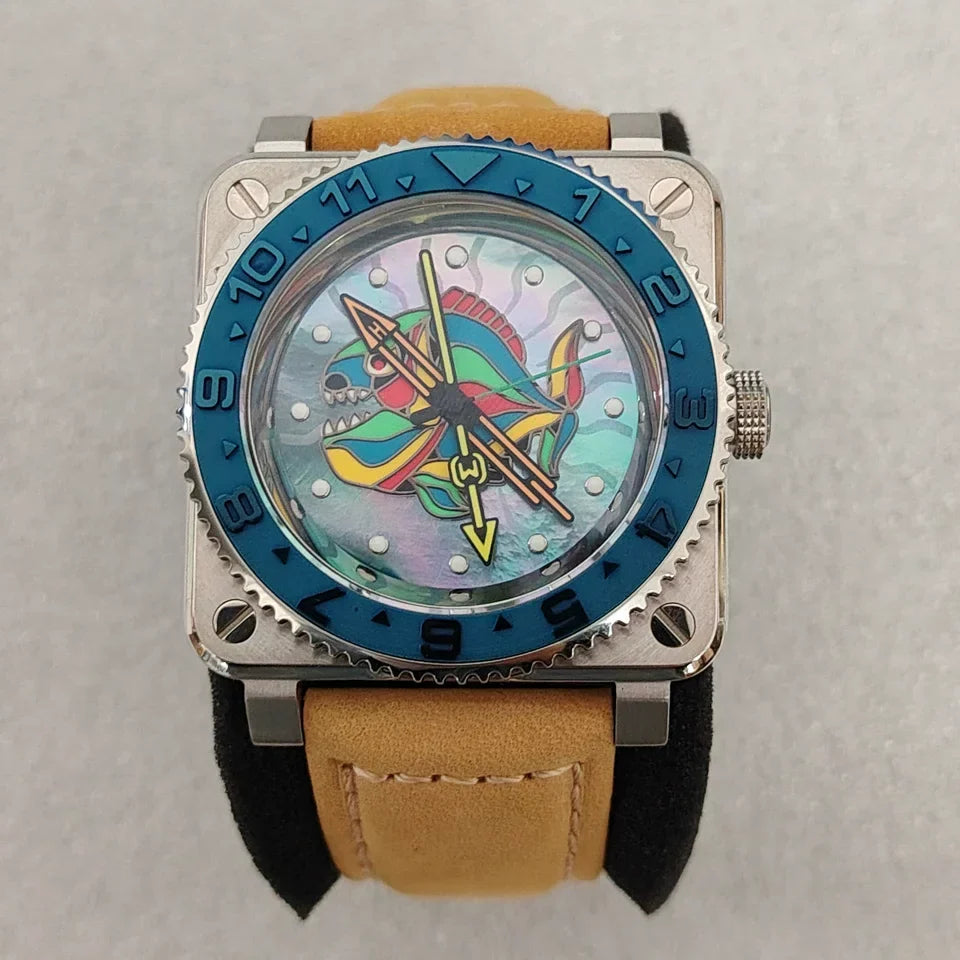 No Logo Men's 42mm Square Watch: Luminous Piranha Dial Steel NH35 Automatic Timepiece for Modern Style