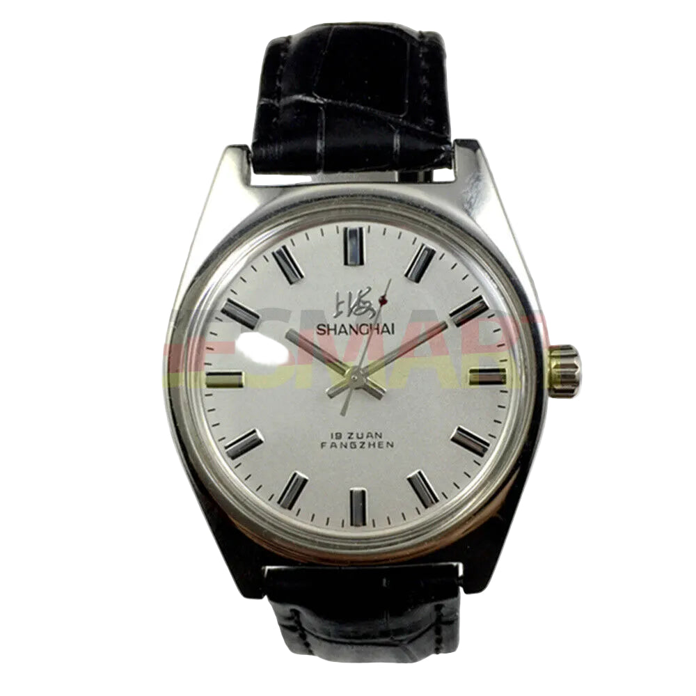Shanghai Factory 38mm manual mechanical watch with white dial, 3 hands, 19 jewels, classic design for elegant wristwear.