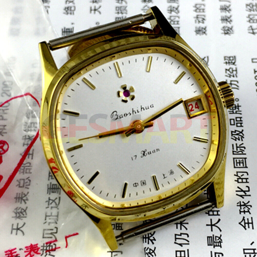 33mm Shanghai manual watch with golden nail markers, white dial, and single calendar display.