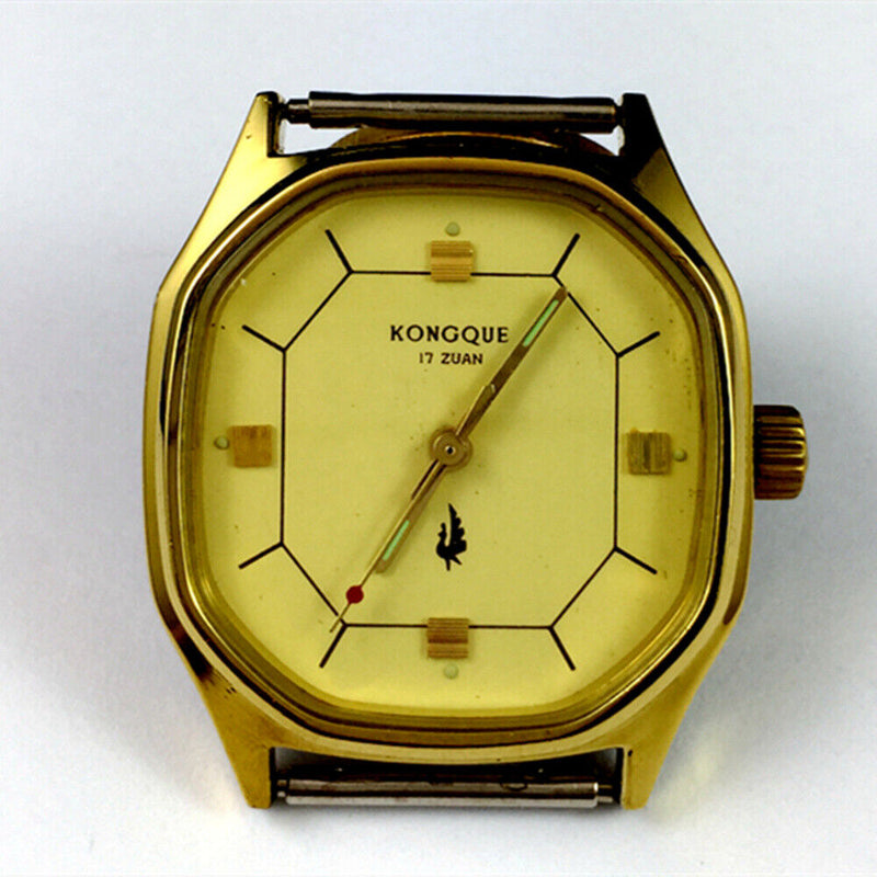 China Kongque 35mm manual mechanical watch with 17 jewels, golden dial, luminous 3 hands for clear time reading.