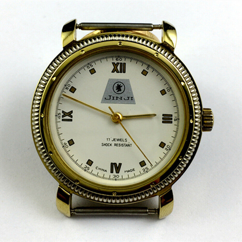 SHANGHAI JINJI manual mechanical watch with 17 jewels, Roman numeral dial, and shock-resistant design.
