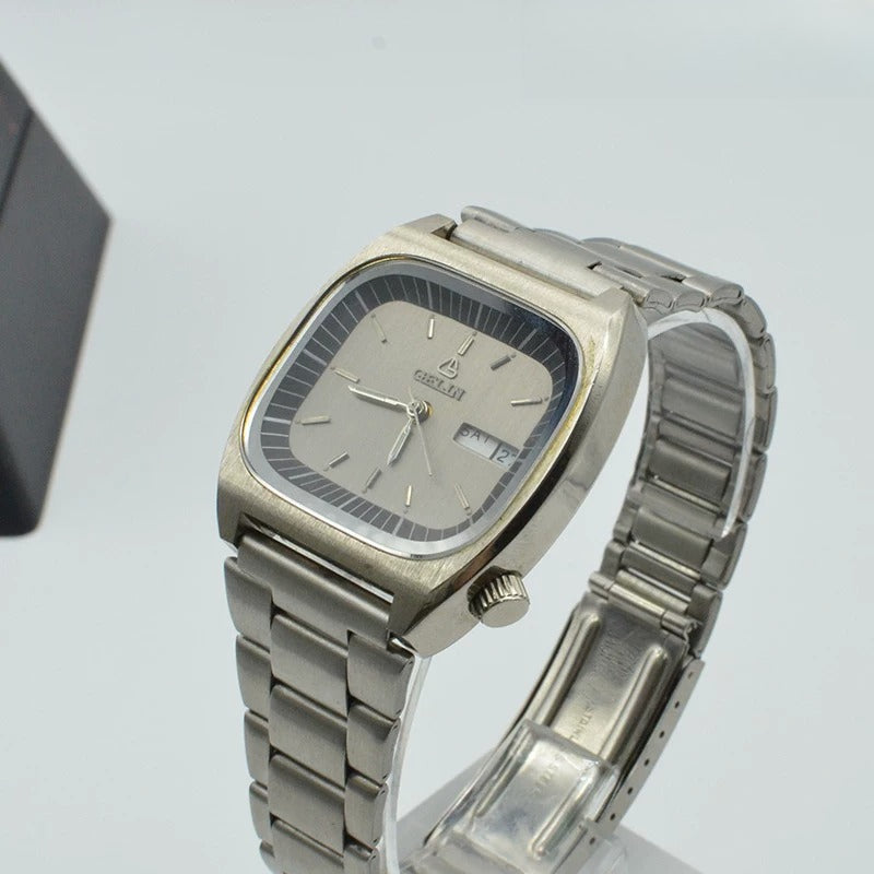 Gelin Men's Mechanical Watch All Silver Steel Bracelet Business Vintage NOS