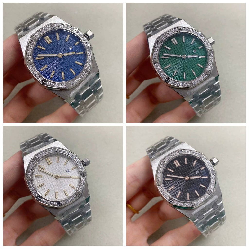 Ladies 31mm Octagonal Gem Bezel Steel Quartz Watch Green Lume Dial VJ24 Movement