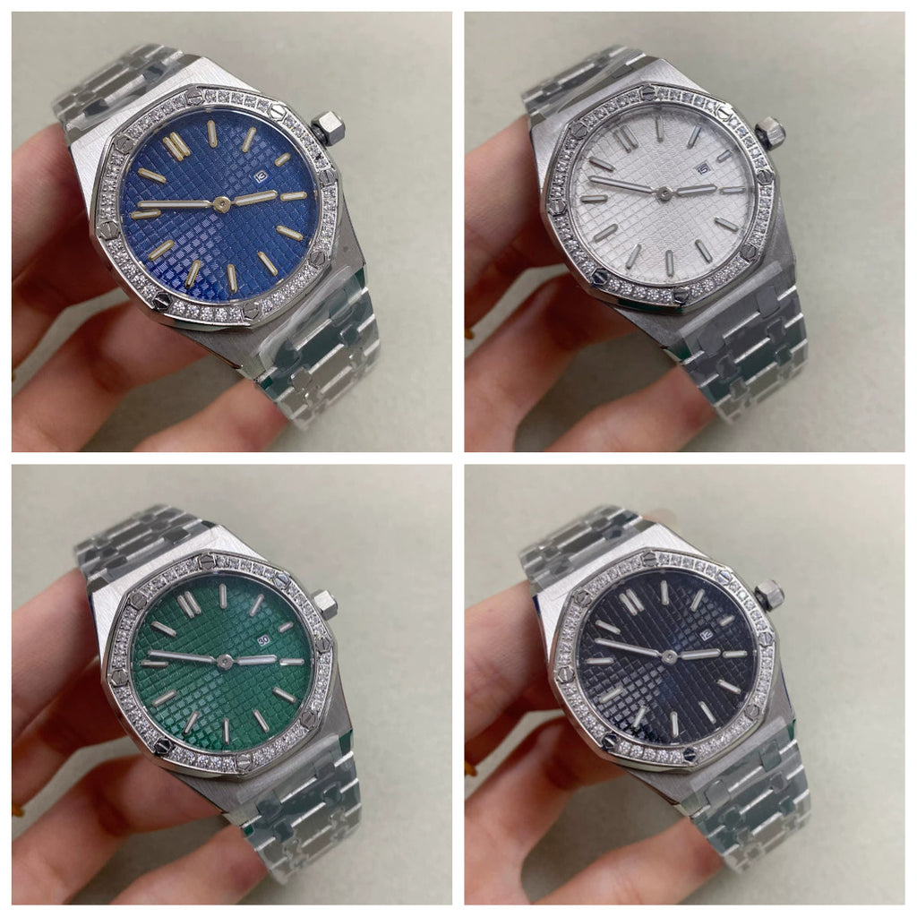 Ladies 31mm Octagonal Gem Bezel Steel Quartz Watch Green Lume Dial VJ24 Movement