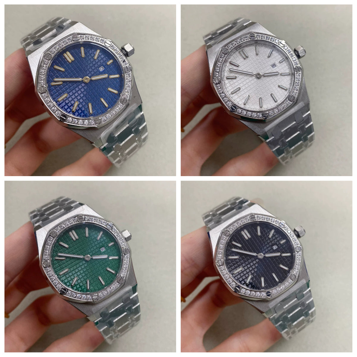 Ladies 31mm Octagonal Gem Bezel Steel Quartz Watch Green Lume Dial VJ24 Movement