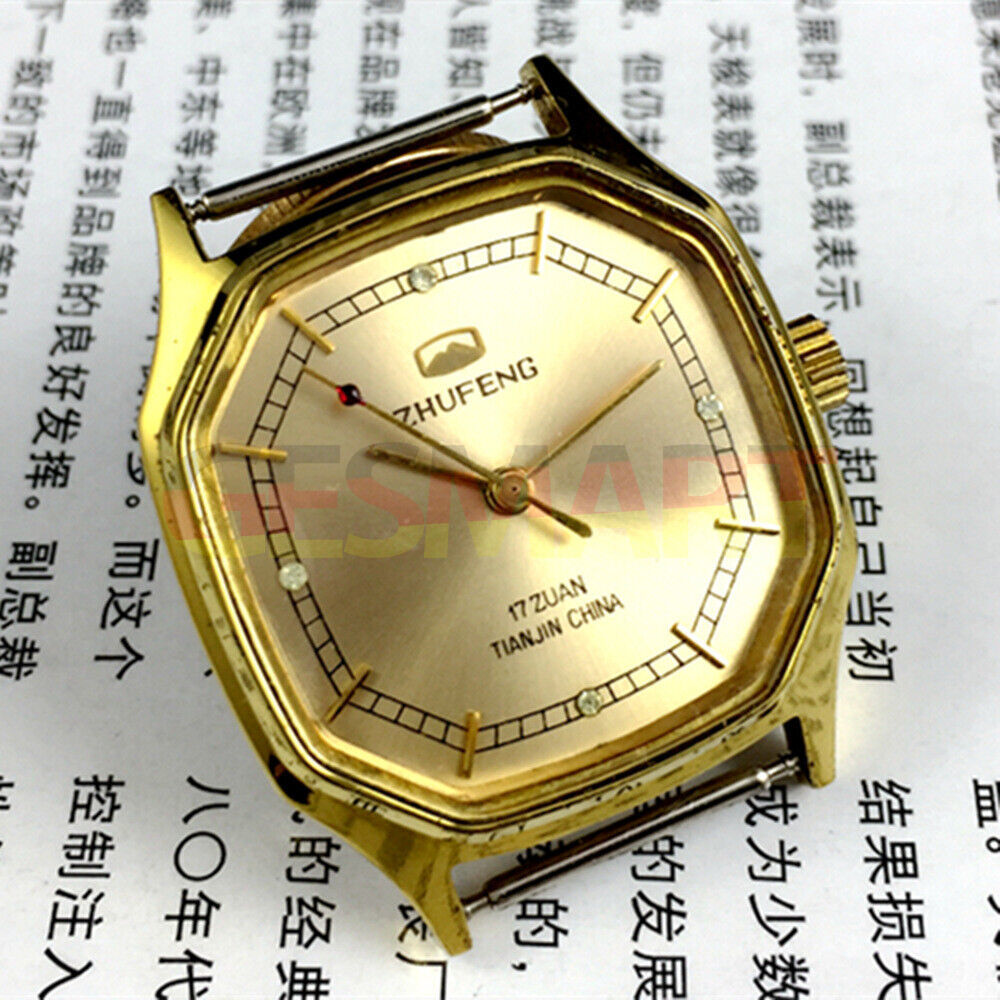 34mm octagonal golden nail case mechanical watch by Tianjin Zhufeng, manual winding with classic luxury style.