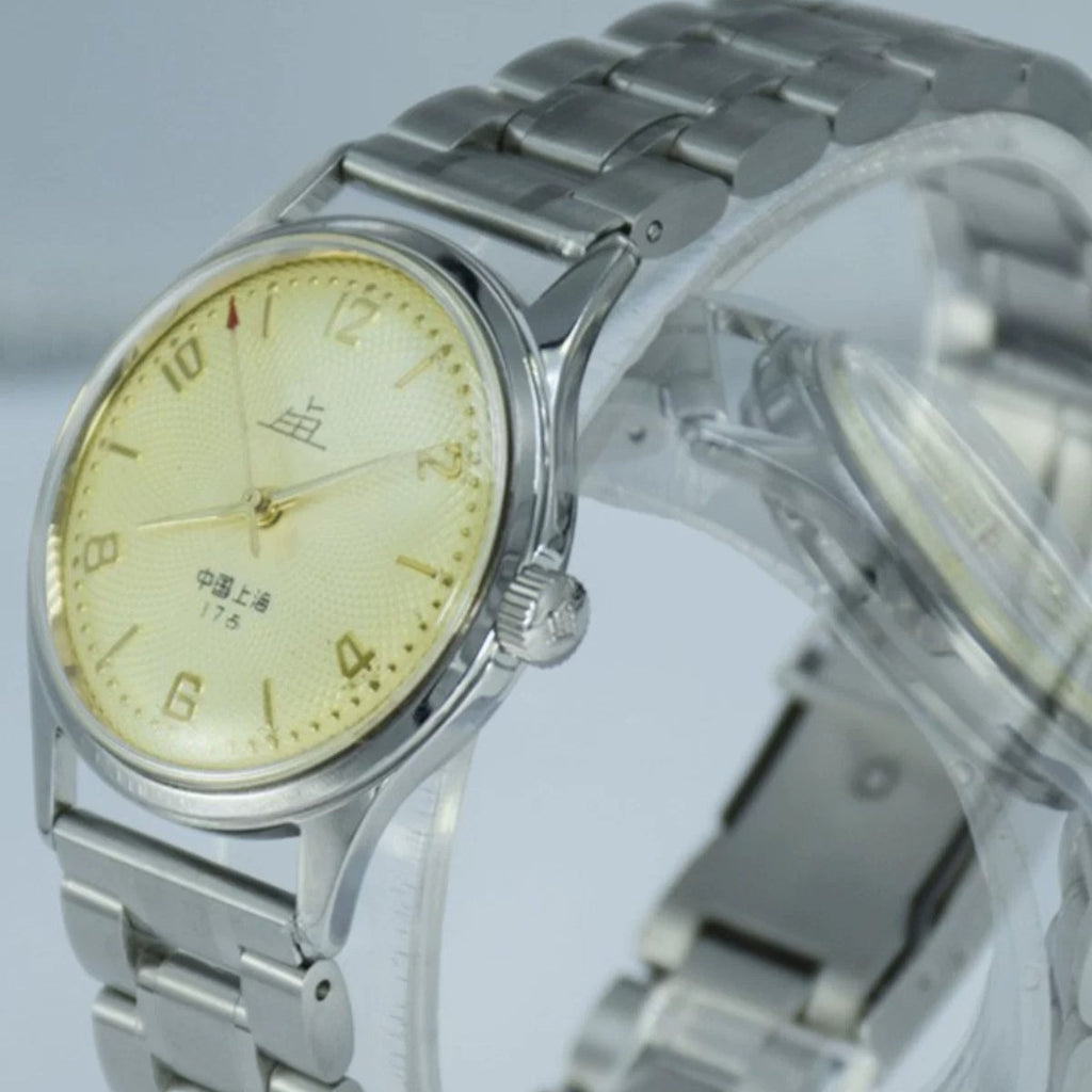 Shanghai Men's Manual Wind Mechanical Watch Round Steel Bracelet NOS