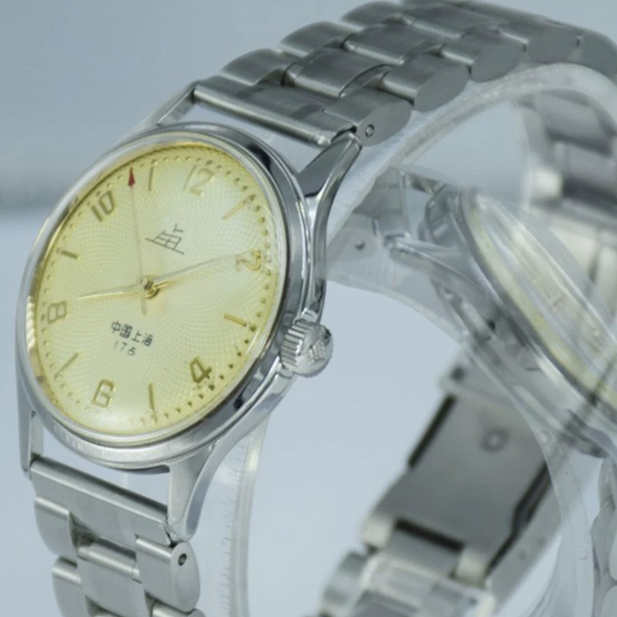 Shanghai Men's Manual Wind Mechanical Watch Round Steel Bracelet NOS