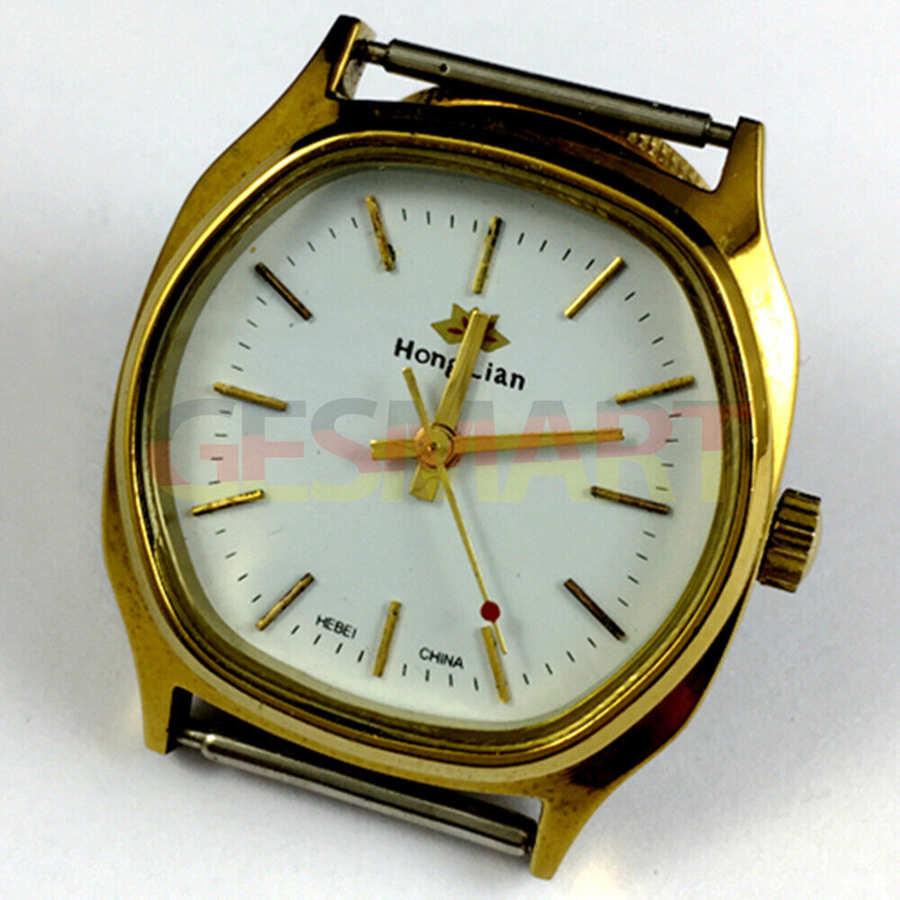 33mm HONGLIAN manual mechanical watch with white dial, gold nail markers, and square gold case for elegant style.