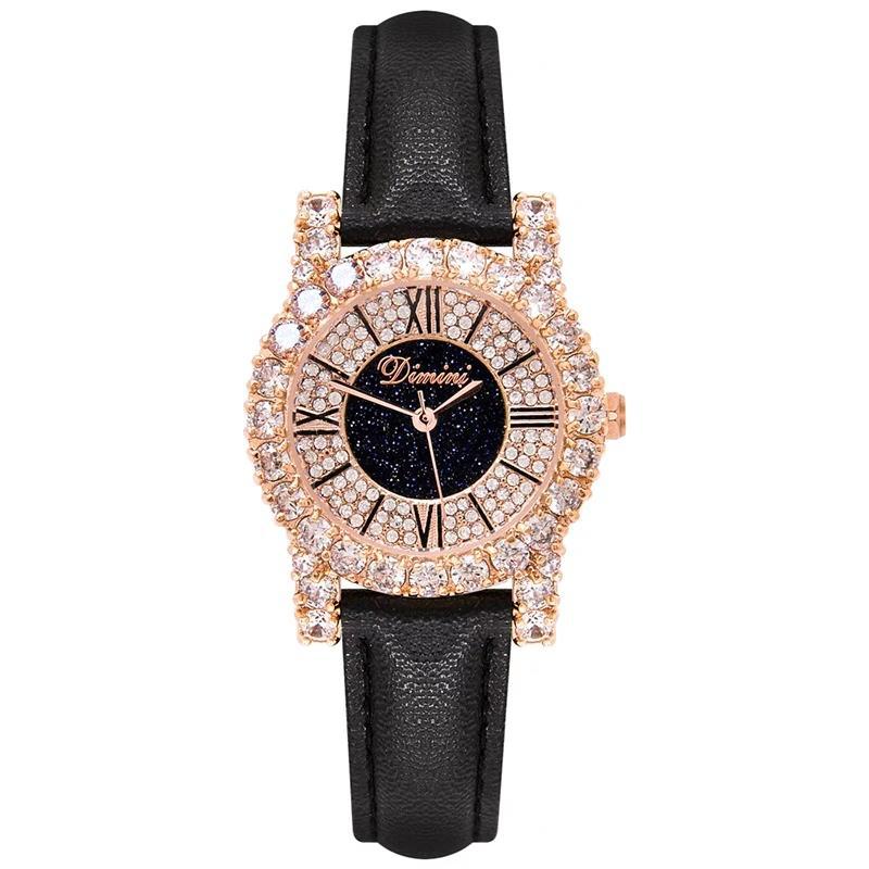 GESMART Women's Diamond Studded Roman Numeral Leather Band Quartz Watch Fashion Versatile Water Resistant