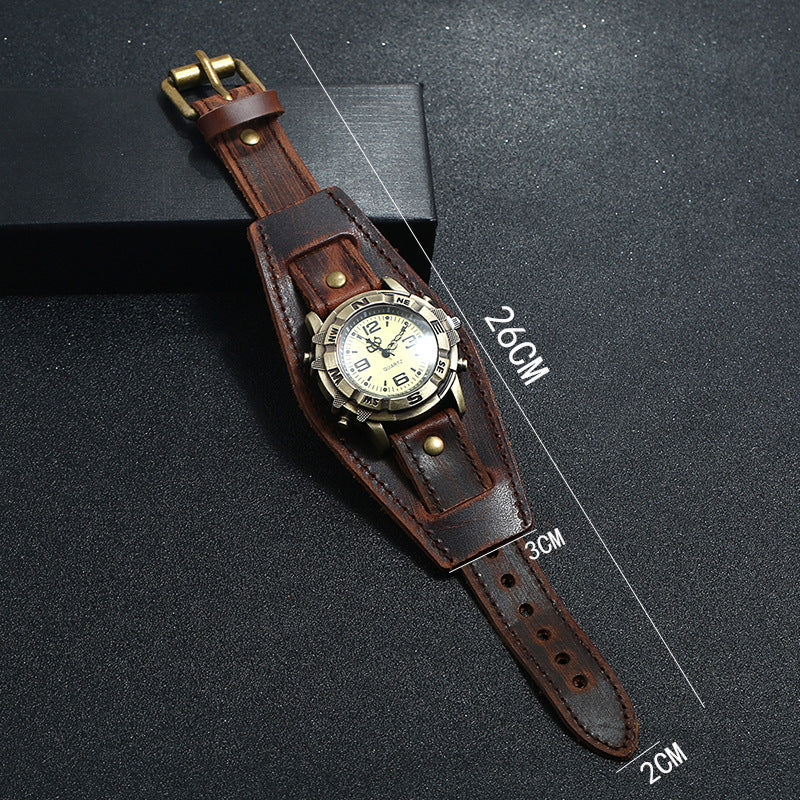 Unisex Punk Vintage Genuine Leather Bracelet Watch, Hip-Hop Cowhide Strap