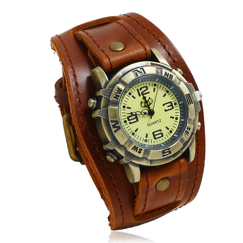 Unisex Punk Vintage Genuine Leather Bracelet Watch, Hip-Hop Cowhide Strap