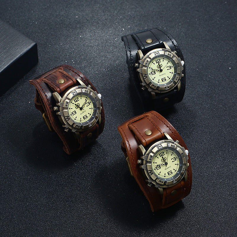Unisex Punk Vintage Genuine Leather Bracelet Watch, Hip-Hop Cowhide Strap