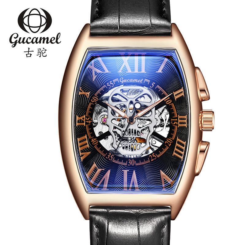 GESMART Men's Tonneau Shape Skull Skeleton Automatic Mechanical Watch European American Style