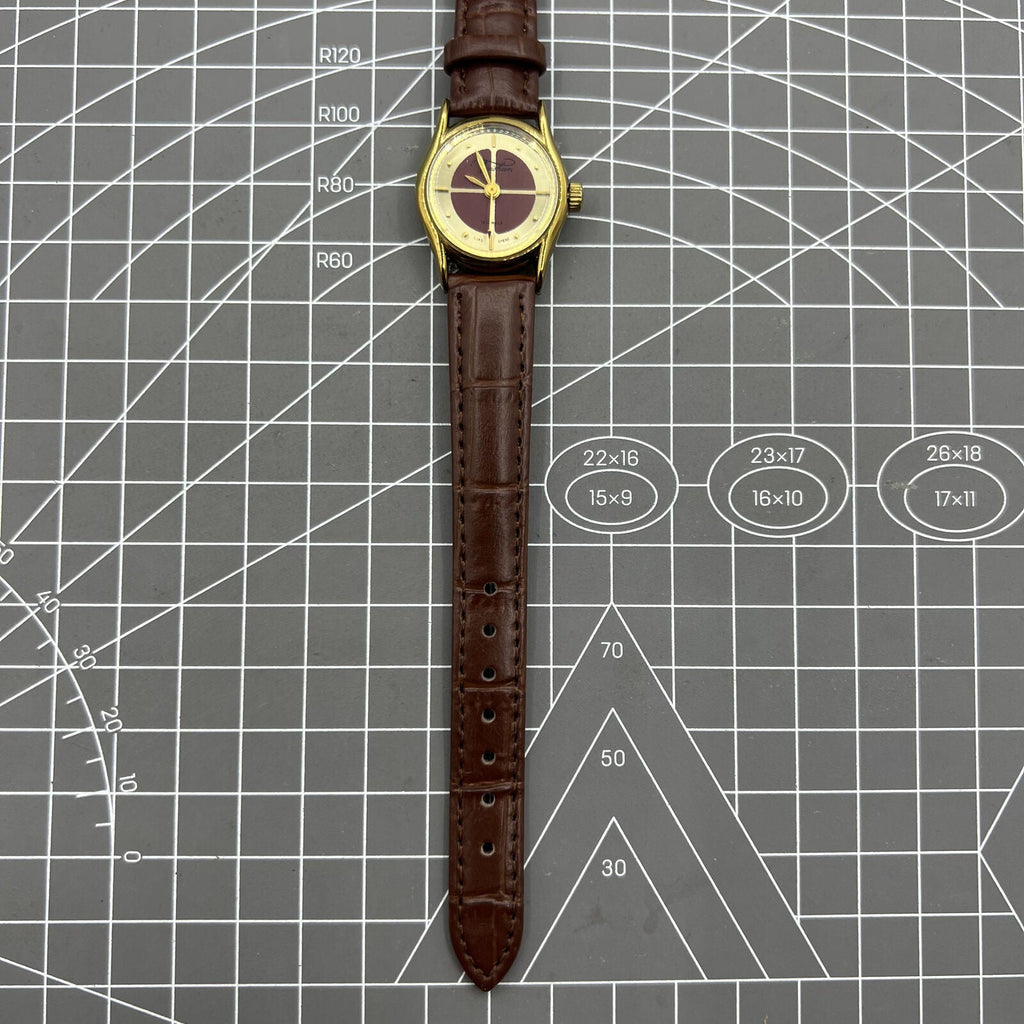 Brown 26mm Liaocheng TAISHAN manual mechanical lady watch featuring 19 jewels and elegant golden nail hour markers.
