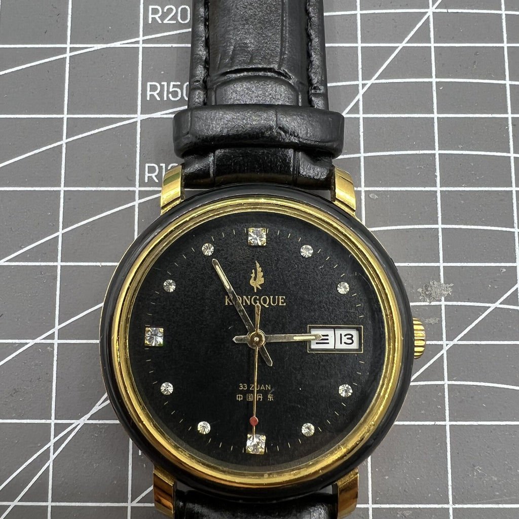 Kongque 37mm automatic watch with black dial, double calendar, 33 jewels, elegant design for stylish wear.