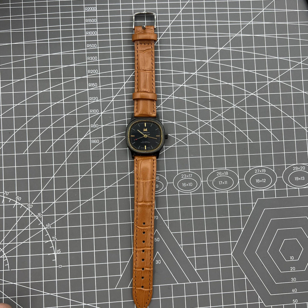 34mm Shanghai Factory manual mechanical watch with black dial, 19 jewels, and shock-resistant design.