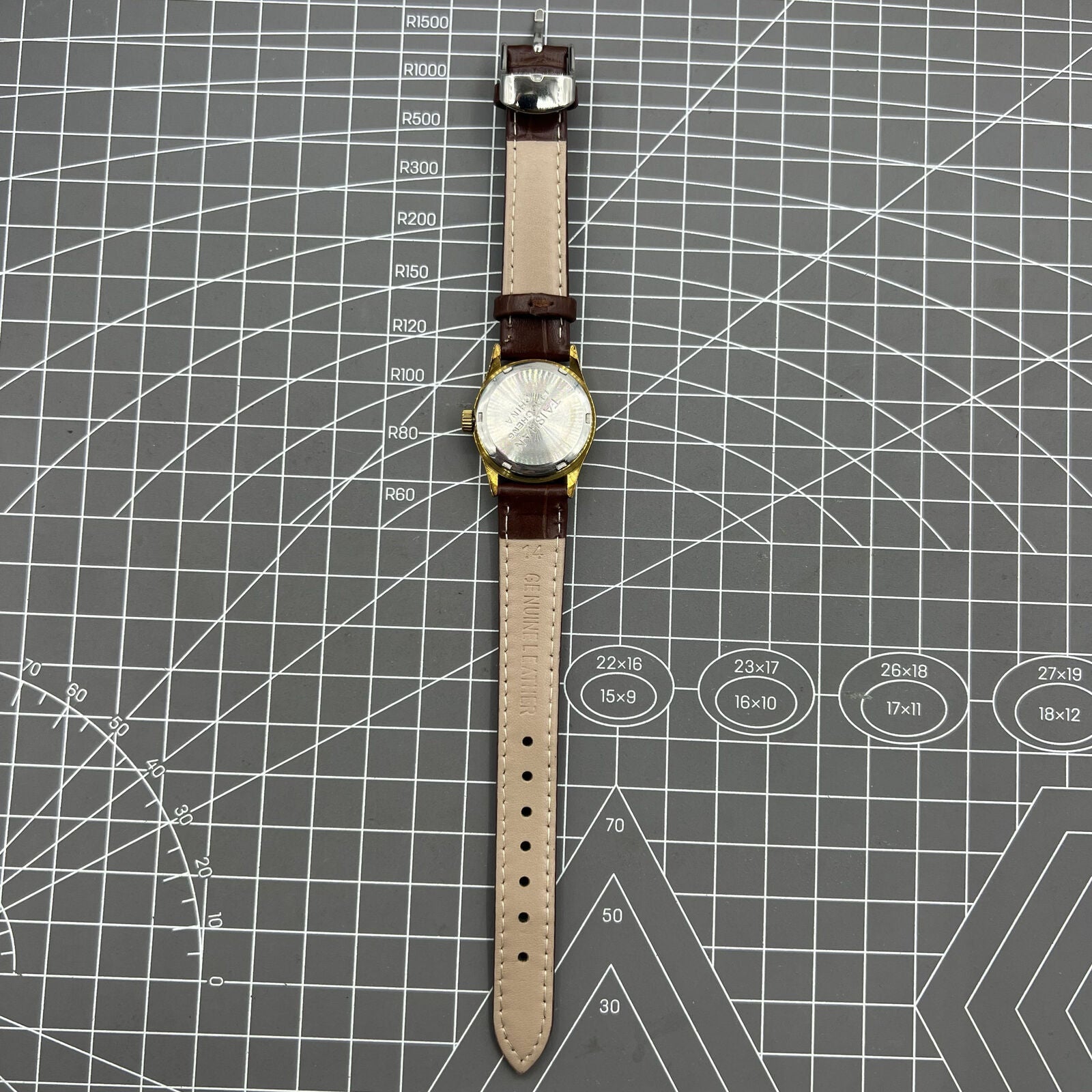 Brown 26mm Liaocheng TAISHAN lady watch with 19 jewels, gold nail accents, and manual mechanical movement.