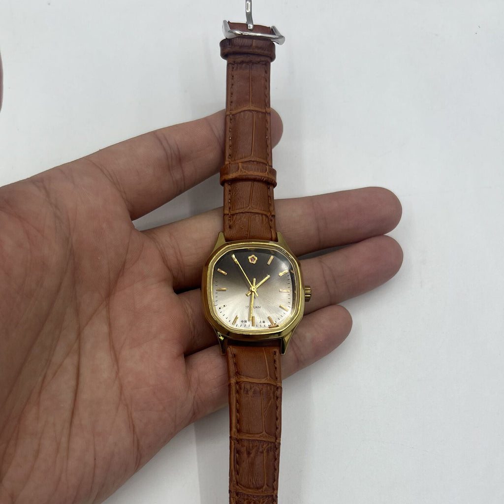 Shanghai 32mm manual mechanical watch with golden markers, brown dial, and unique octagonal case design.