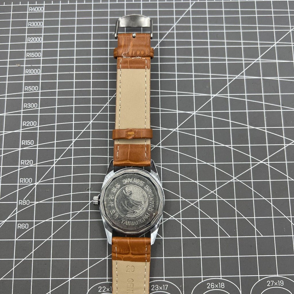 TAIHANG 38mm manual mechanical watch with silver dial, golden nails, round case, and 17 jewels for classic style.