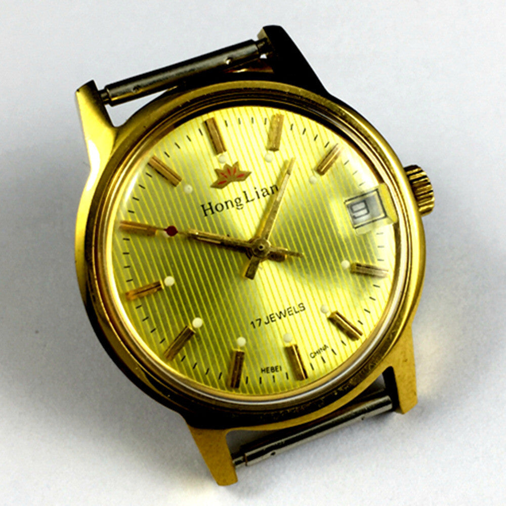 33mm Golden Band Manual Mechanical Watch with Lume, Single Calendar at 3 o'clock