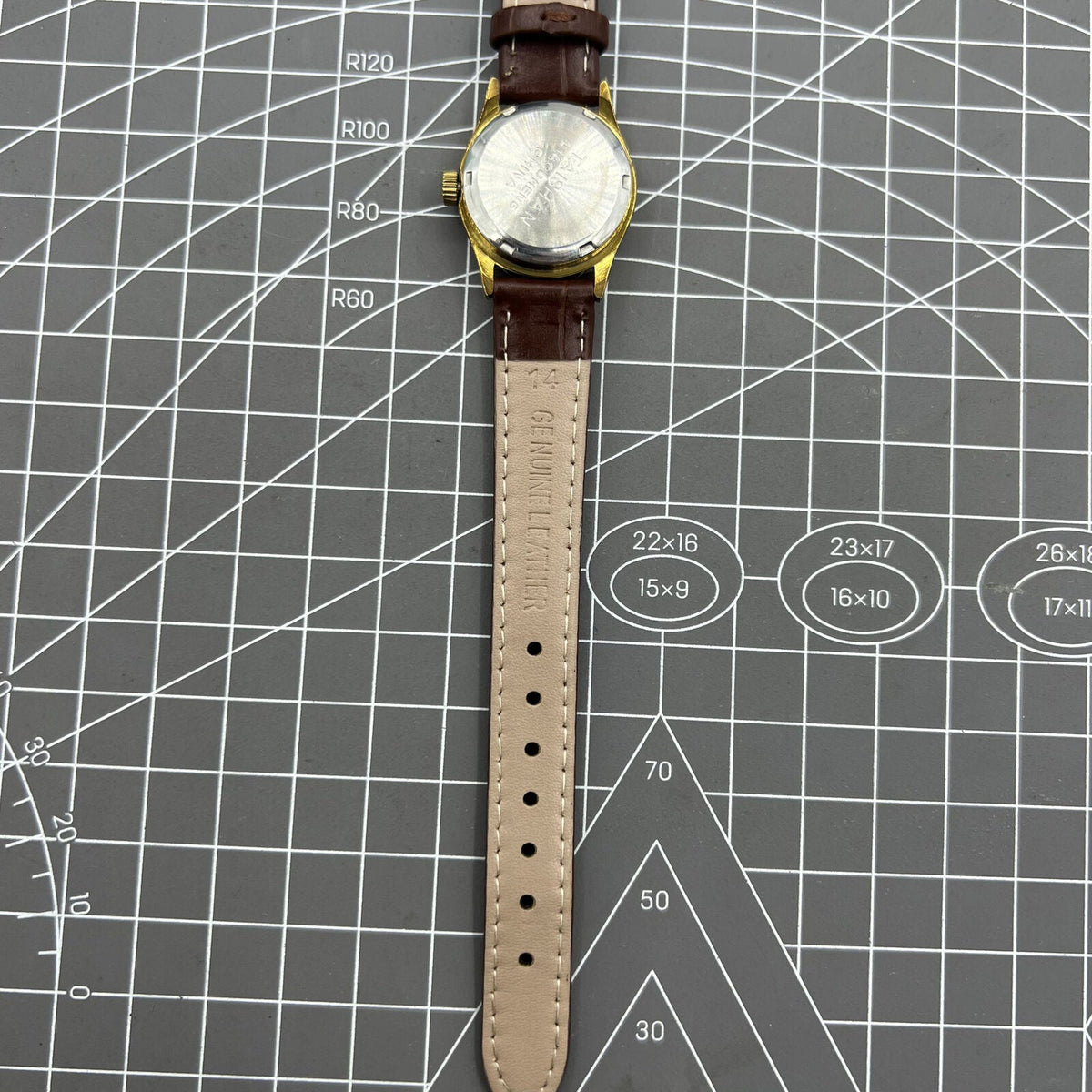 Brown 26mm Liaocheng TAISHAN manual mechanical lady watch with 19 jewels and gold nail markers, elegant design.