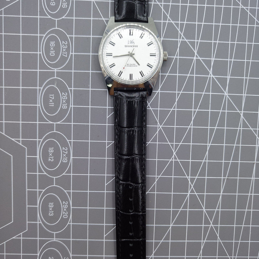 Shanghai Factory 38mm manual mechanical watch with white dial, 3 hands, 19 jewels, classic style for elegant wear.