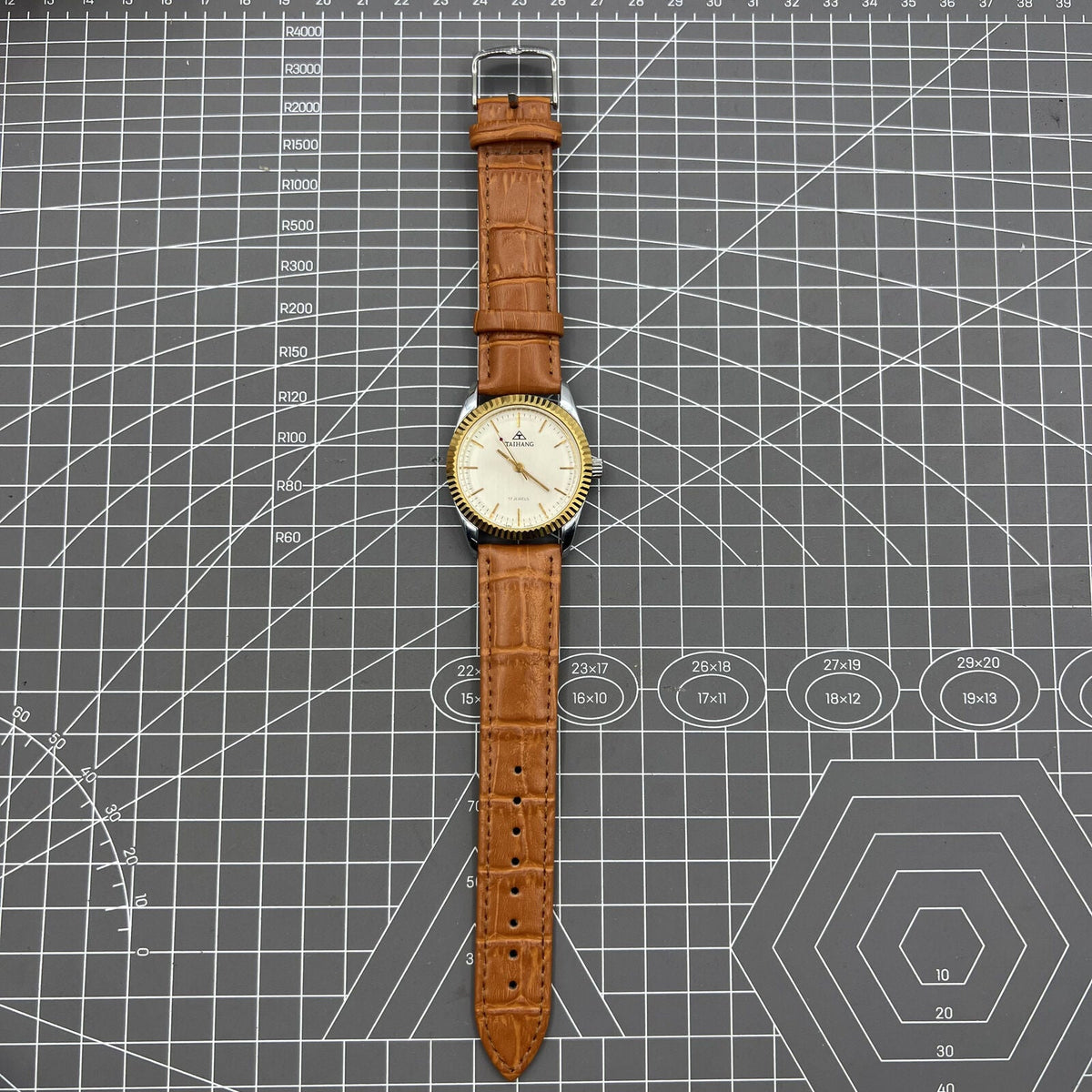 TAIHANG 38mm manual mechanical watch with golden nails, silver dial, and round case, 17 jewels.