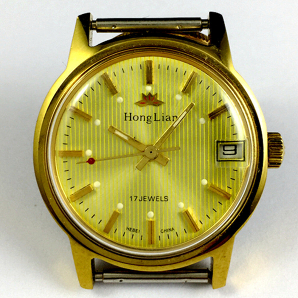 33mm Golden Band Manual Mechanical Watch with Lume, Single Calendar at 3 o'clock