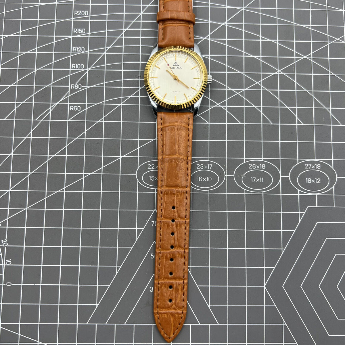 TAIHANG 38mm manual mechanical watch with silver dial, gold hour markers, round case, 17 jewels for precision.