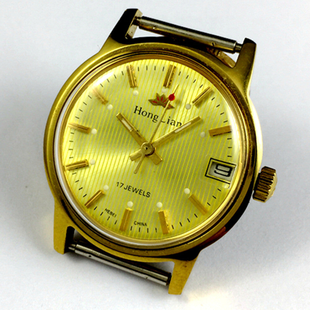 33mm Golden Band Manual Mechanical Watch with Lume, Single Calendar at 3 o'clock