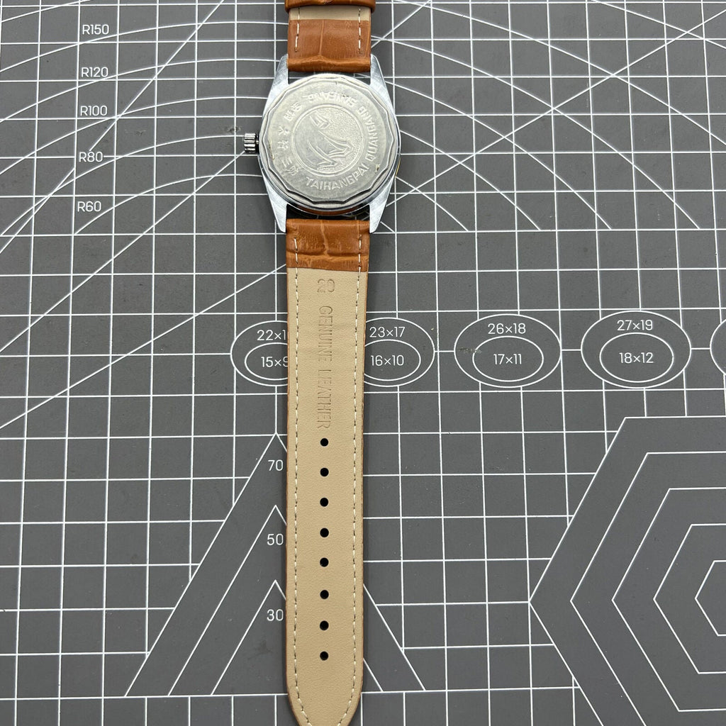 TAIHANG 38mm manual mechanical watch featuring golden hour markers, silver dial, round case, and 17 jewels for precision.
