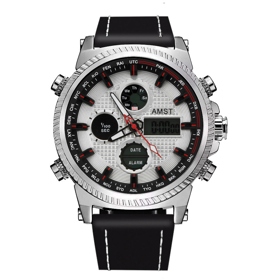 GESMART Men's Multifunction Sports LED Dual Display Digital Watch Water Resistant Genuine Leather Band
