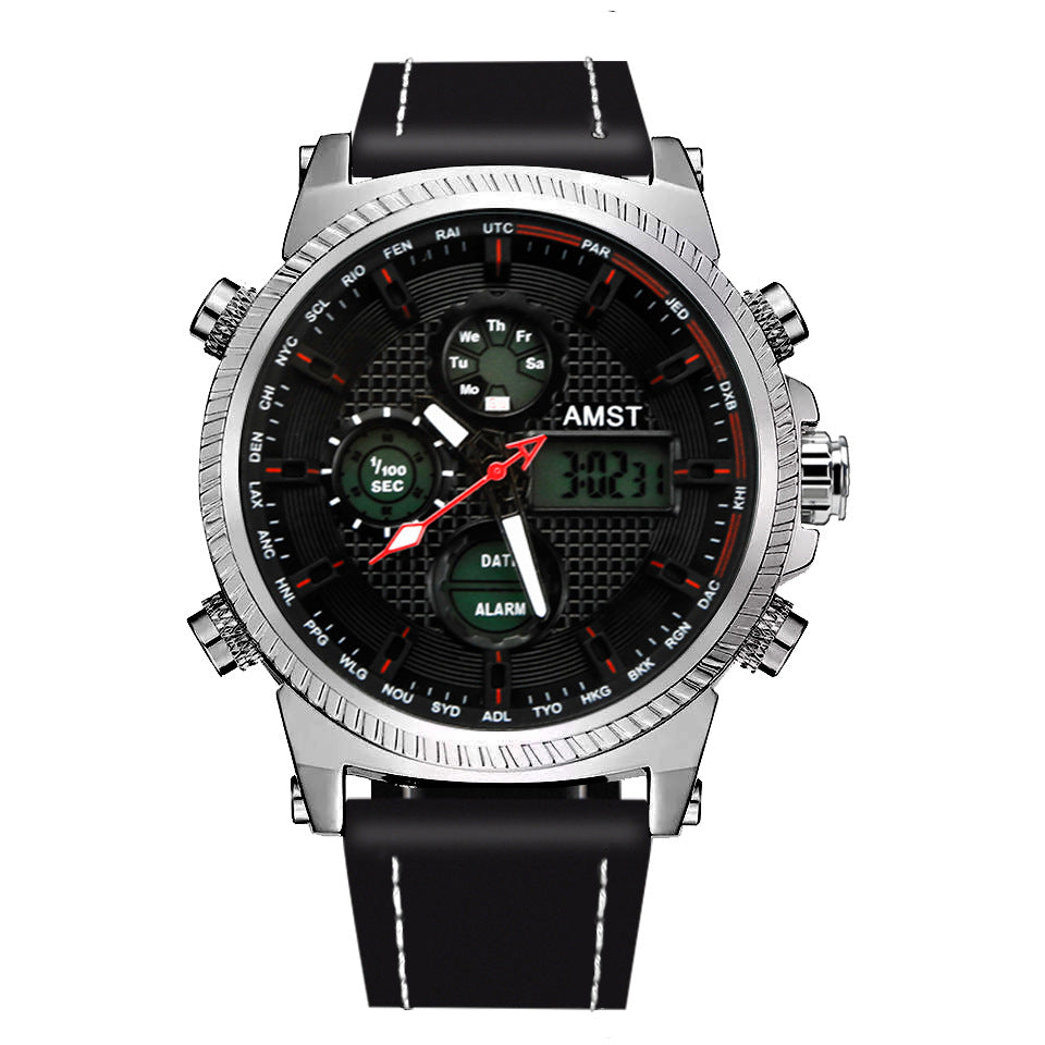 GESMART Men's Multifunction Sports LED Dual Display Digital Watch Water Resistant Genuine Leather Band