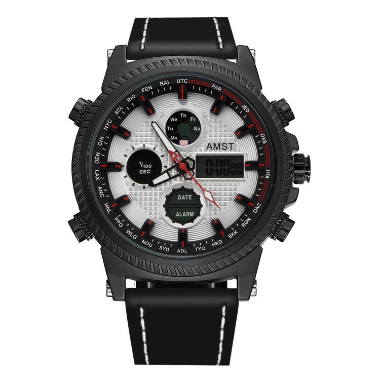 GESMART Men's Multifunction Sports LED Dual Display Digital Watch Water Resistant Genuine Leather Band