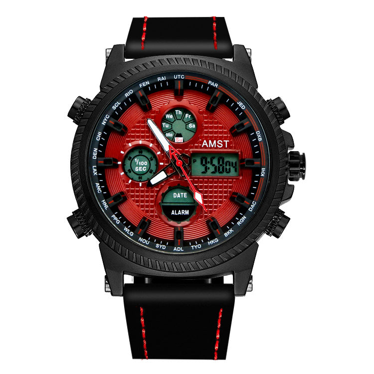 GESMART Men's Multifunction Sports LED Dual Display Digital Watch Water Resistant Genuine Leather Band
